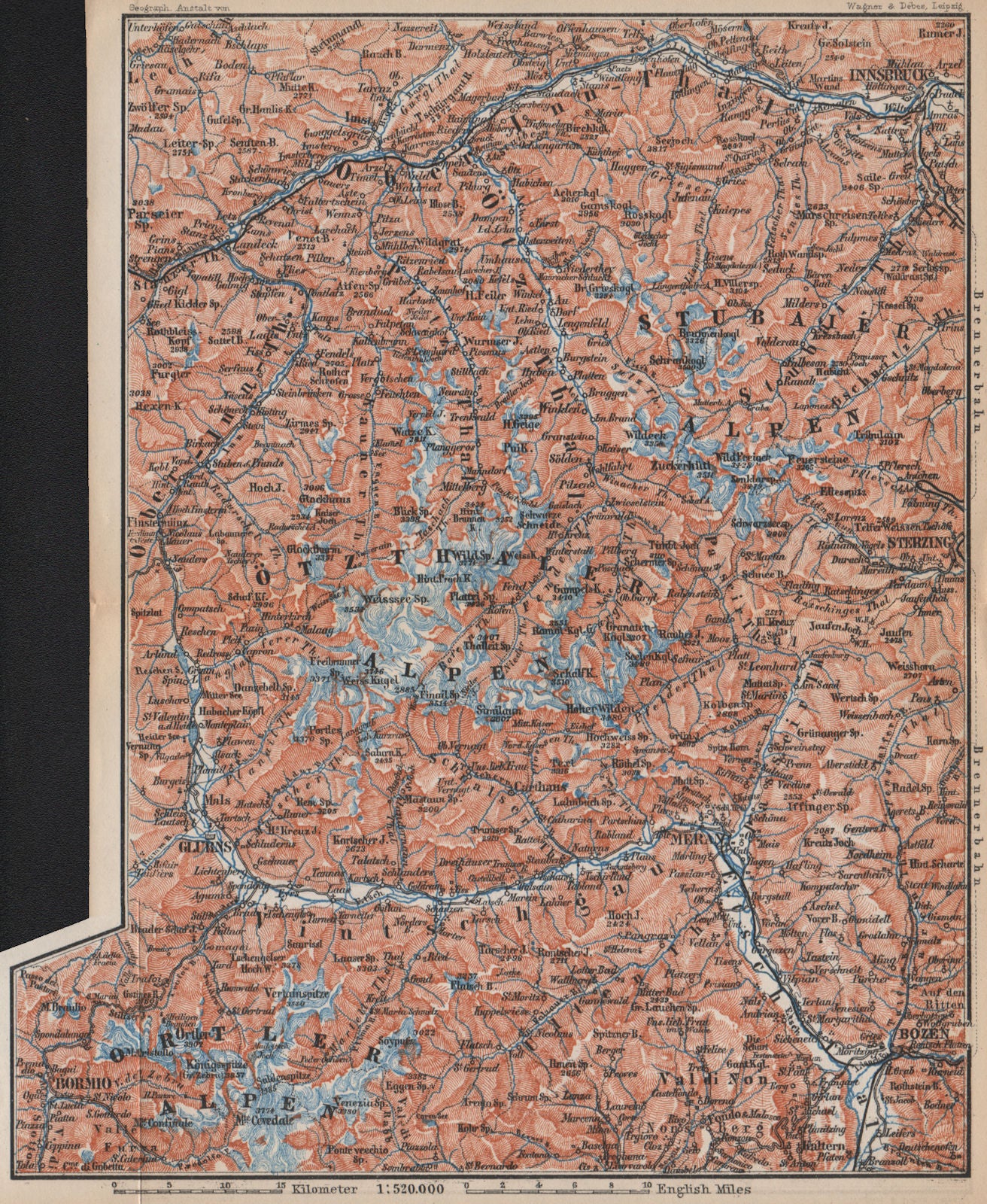 TYROL/ UPPER INNTHAL ÖTZTHALER ORTLER STUBAIER ALPEN topo-map. Austria 1899